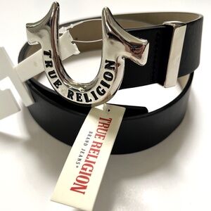 NWT Original TRUE RELIGION Belt Logo Horseshoe Brand Buckle Black Silver
